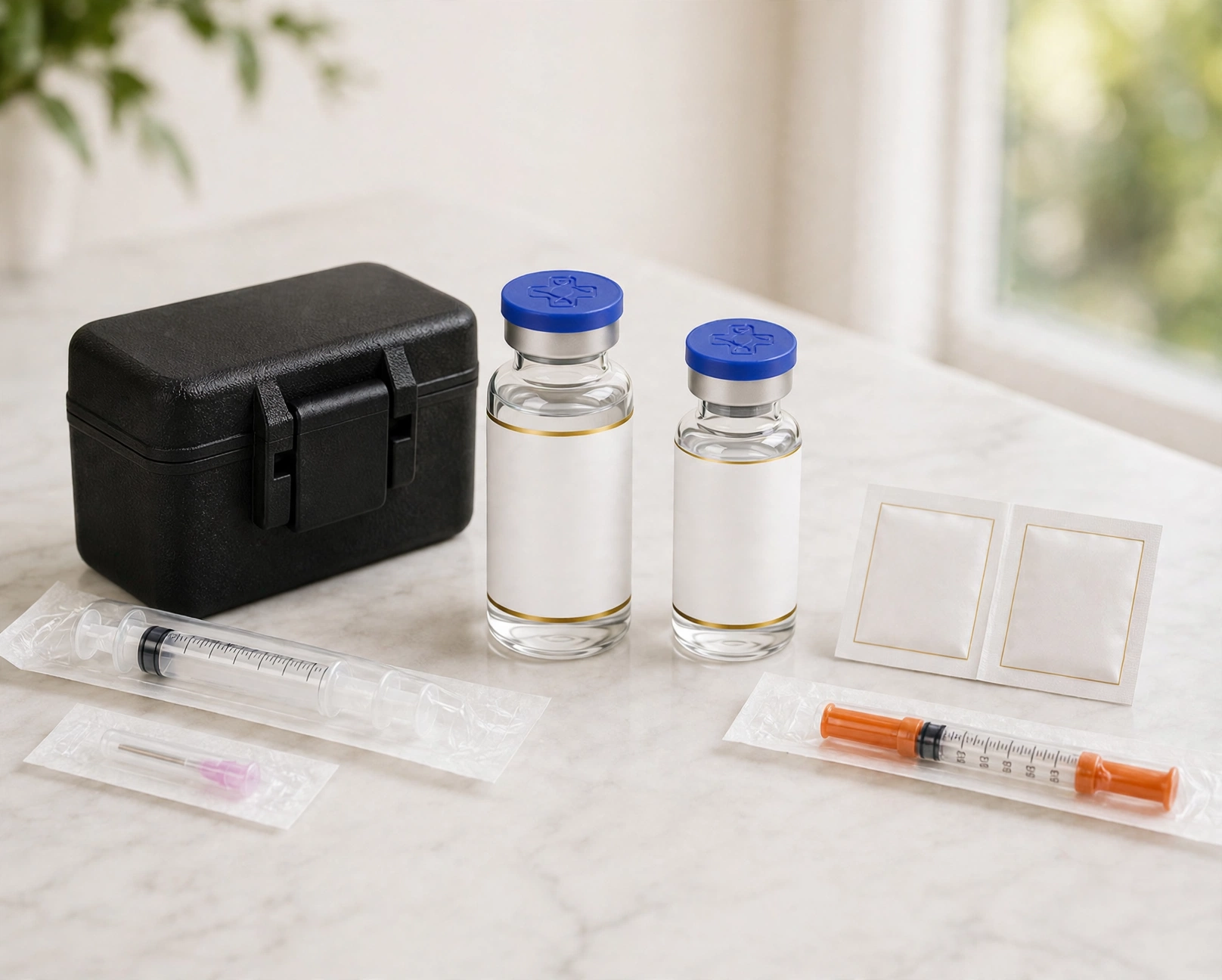 Peptide vials and supplies on marble